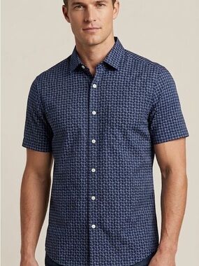 Hart Schaffner Marx Navy Blue Grid Short Sleeve Button-Down Shirt